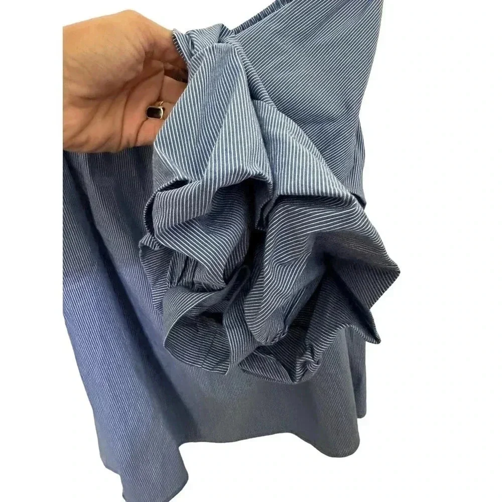 Zara Woman Blue White Pinstriped Ruched Puff‎ Sleeve Off Shoulder Top Size S